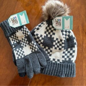NWT Muk Luks Checkerboard checkered check knit fleece lined hat with Gloves set